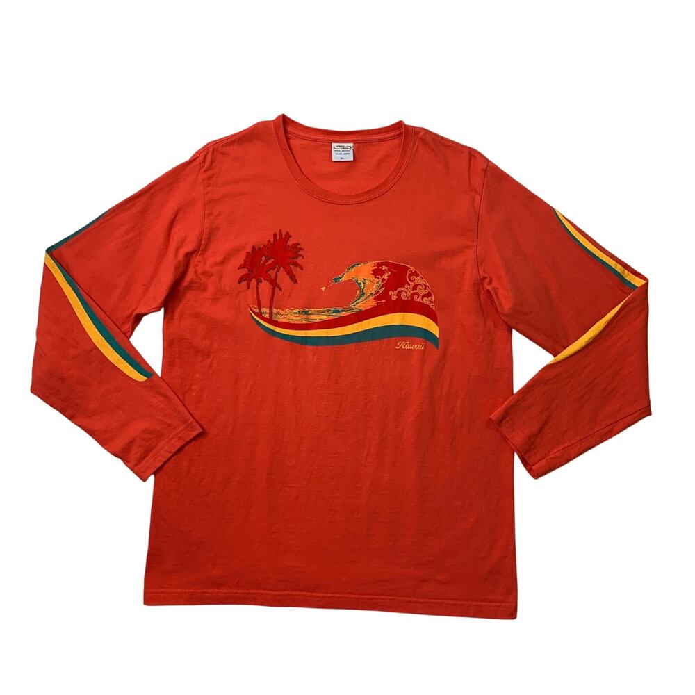 Vintage Crazy Shirts Mens XL Coral Hawaii Surf Wave Palm Tree Long Sleeve Tee